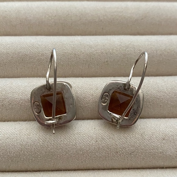 Vintage 925 Sterling Silver Amber Cushion Drop Wire Hook Earrings - Picture 4 of 12